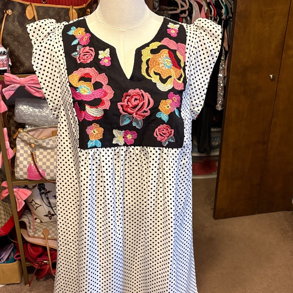 Floral Embroidered Polka Dot Dress